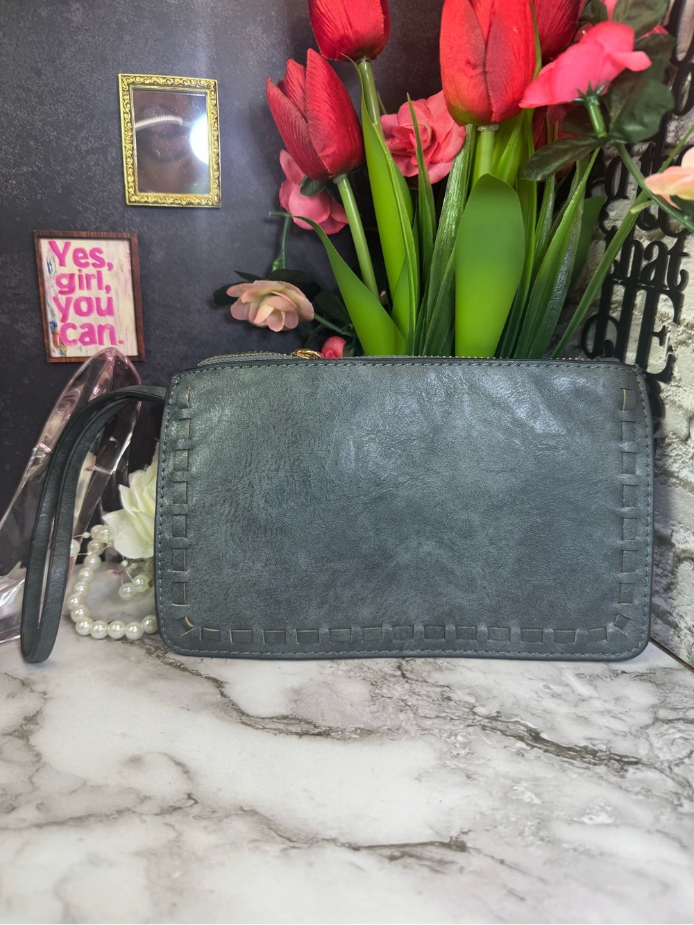 Classic Slate Gray Women's Wristlet faux leather Wallet or cosmetic bag
